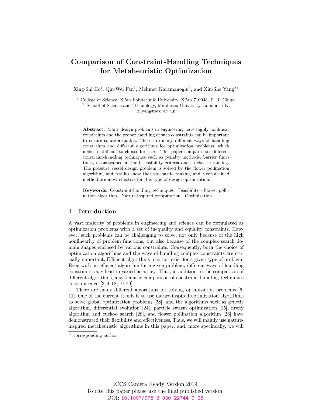 Comparison of Constraint-Handling Techniques for Metaheuristic Optimization