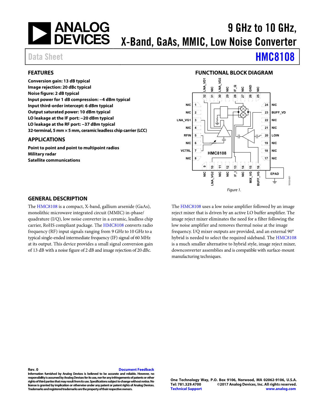 9 Ghz to 10 Ghz, X-Band, Gaas, MMIC, Low Noise Converter