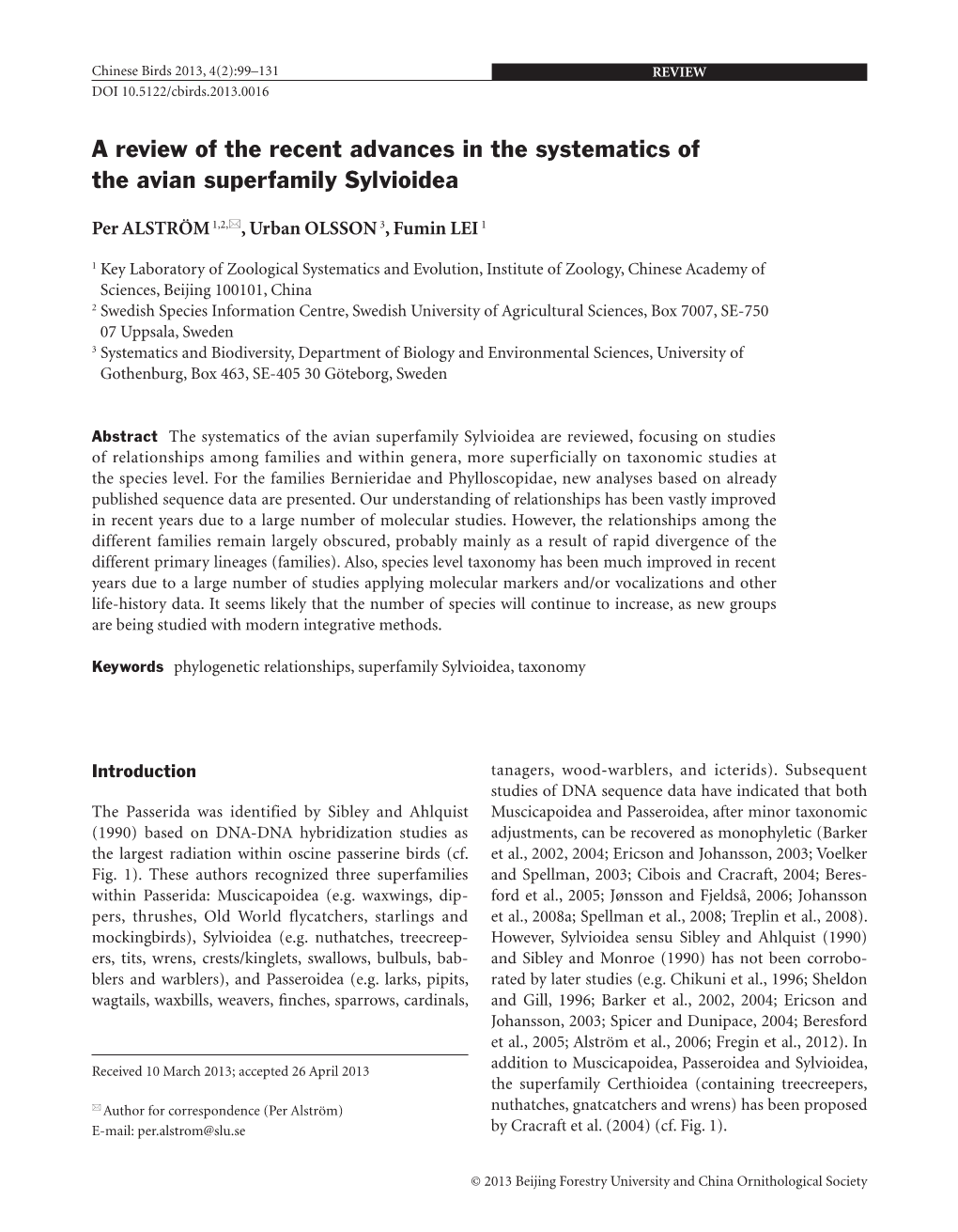 A Review of the Recent Advances in the Systematics of the Avian Superfamily Sylvioidea