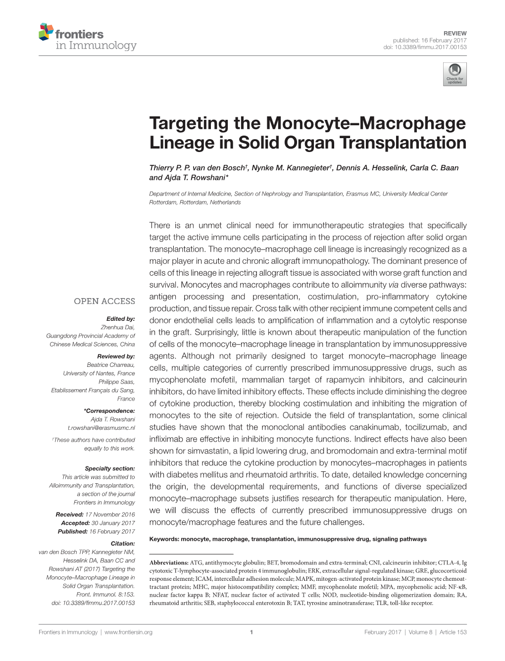 Targeting the Monocyte–Macrophage Lineage in Solid Organ Transplantation