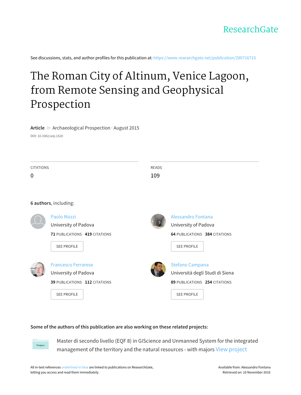 The Roman City of Altinum, Venice Lagoon, from Remote Sensing and Geophysical Prospection