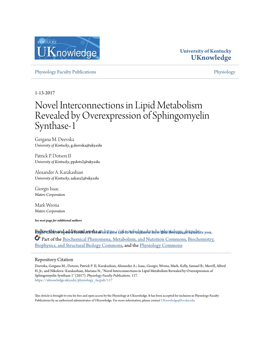 Novel Interconnections in Lipid Metabolism Revealed by Overexpression of Sphingomyelin Synthase-1 Gergana M