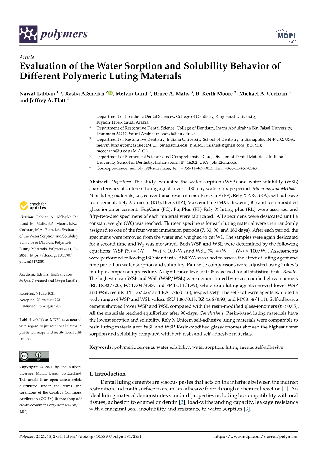 Evaluation of the Water Sorption and Solubility Behavior of Different Polymeric Luting Materials