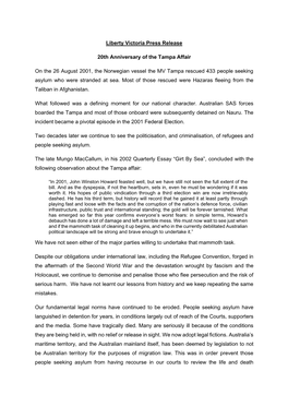 Liberty Victoria Press Release 20Th Anniversary of the Tampa Affair On