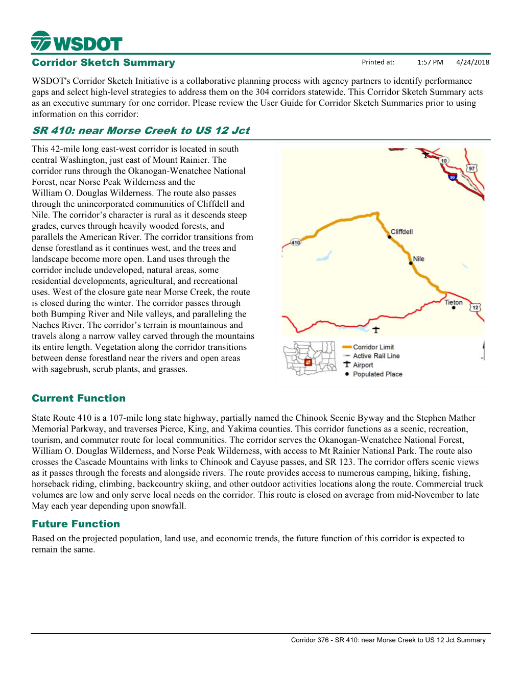 SR 410: Near Morse Creek to US 12 Jct Corridor Sketch Summary