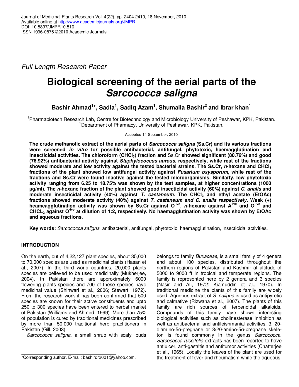 Biological Screening of the Aerial Parts of the Sarcococca Saligna