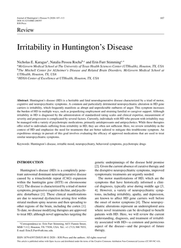 Irritability in Huntington's Disease