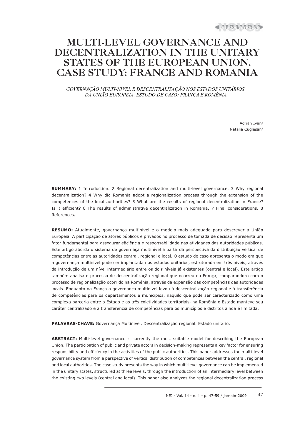 Multi-Level Governance and Decentralization in the Unitary States of the European Union