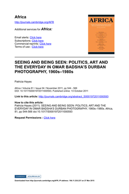 Africa SEEING and BEING SEEN: POLITICS, ART and THE