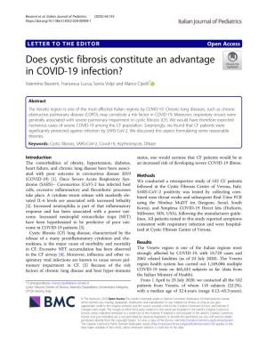 Does Cystic Fibrosis Constitute an Advantage in COVID-19 Infection? Valentino Bezzerri, Francesca Lucca, Sonia Volpi and Marco Cipolli*