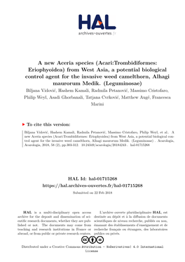 Acari:Trombidiformes: Eriophyoidea) from West Asia, a Potential Biological Control Agent for the Invasive Weed Camelthorn, Alhagi Maurorum Medik