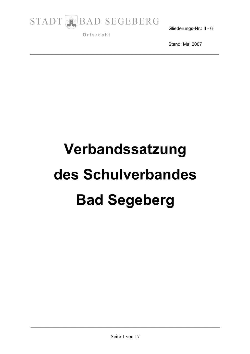 Verbandssatzung Des Schulverbandes Bad Segeberg