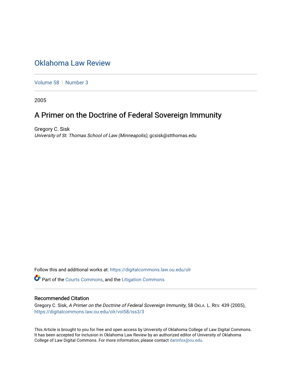 A Primer on the Doctrine of Federal Sovereign Immunity