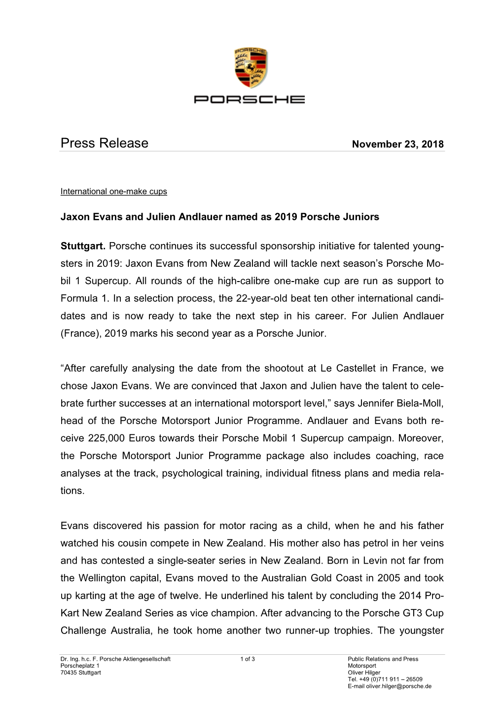 Press Release November 23, 2018