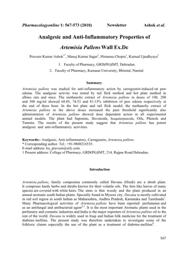 Analgesic and Anti-Inflammatory Properties of Artemisia Pallenswall