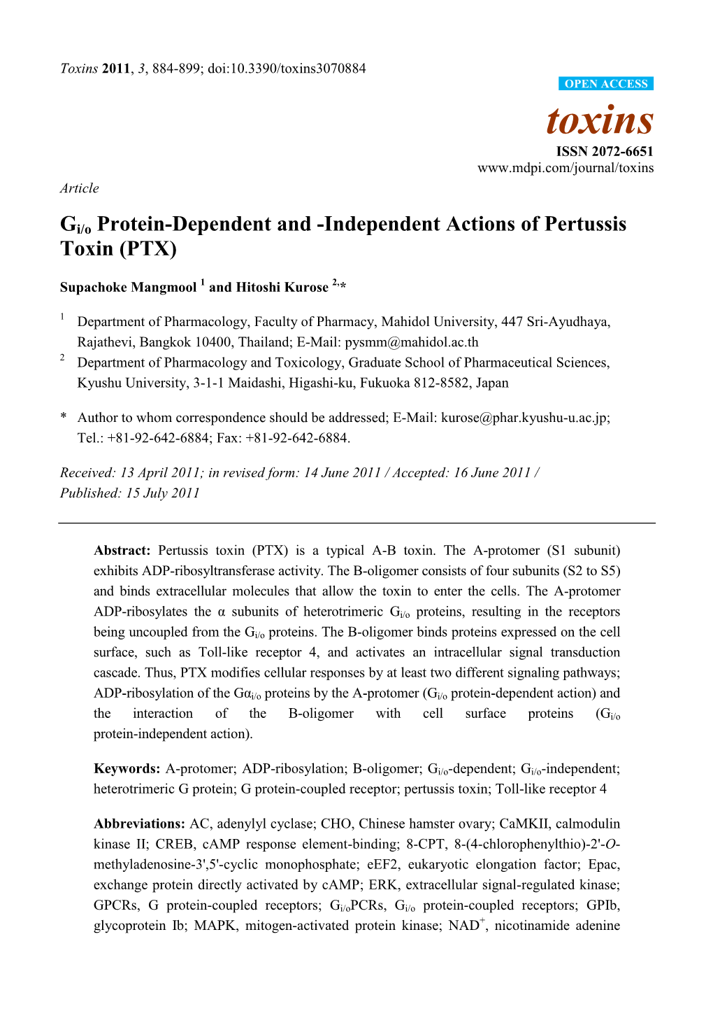 Gi/O Protein-Dependent and -Independent Actions of Pertussis Toxin (PTX)