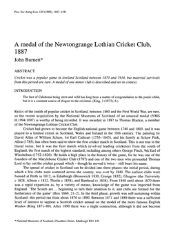 A Medal of the Newtongrange Lothian Cricket Club, 1887 John Burnett*
