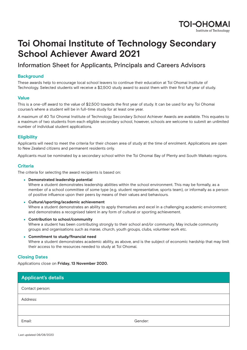Toi Ohomai Institute of Technology Secondary School Achiever Award 2021 Information Sheet for Applicants, Principals and Careers Advisors