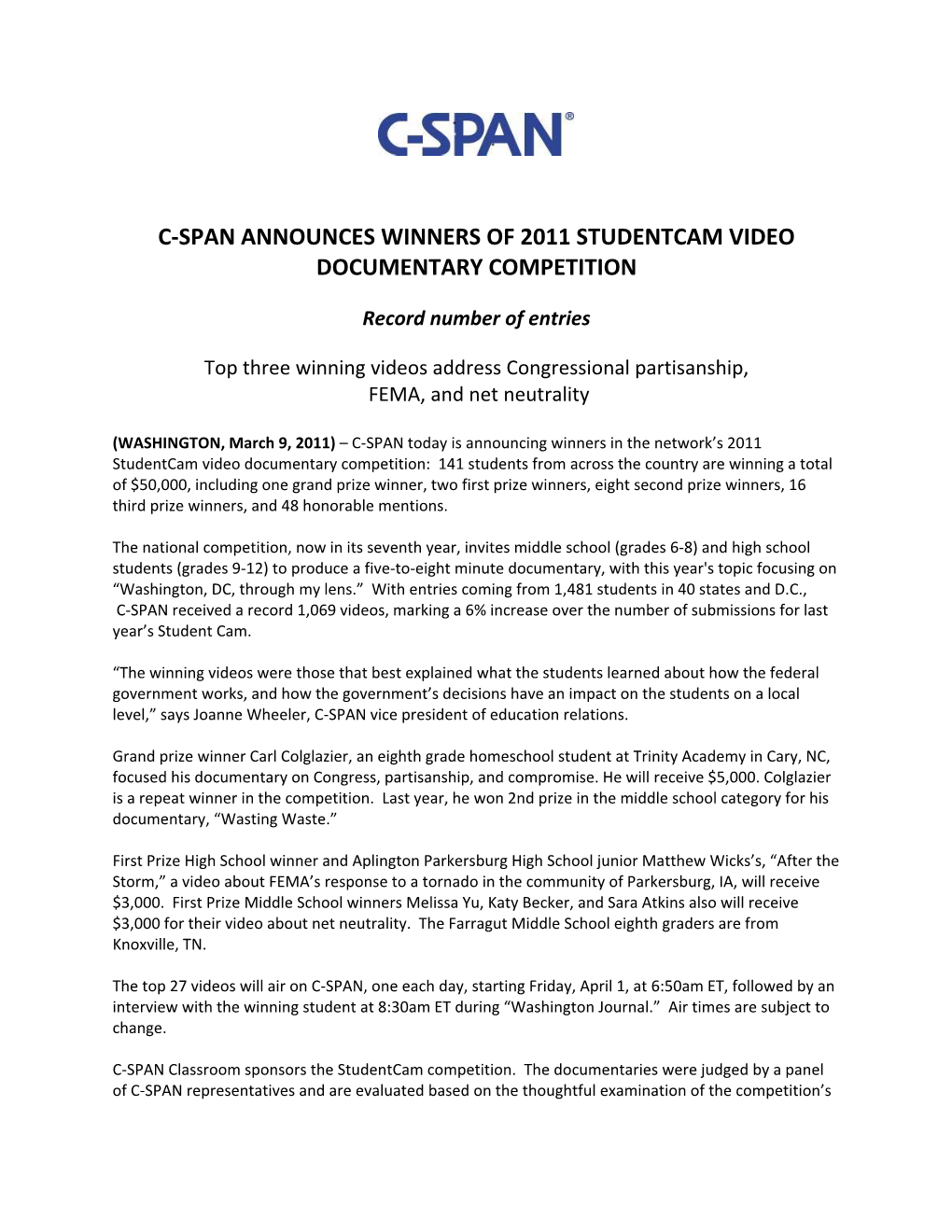 C-Span Announces Winners of 2011 Studentcam Video