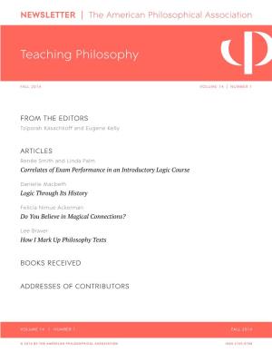 APA Newsletter on Teaching Philosophy, Vol. 14, No. 1 (Fall 2014)