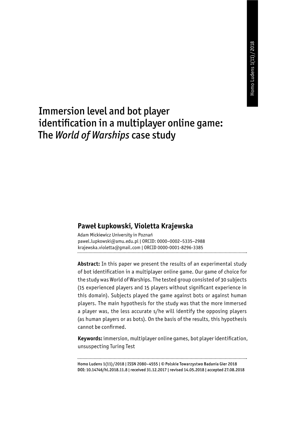 Immersion Level and Bot Player Identification in a Multiplayer Online Game: the World of Warships Case Study