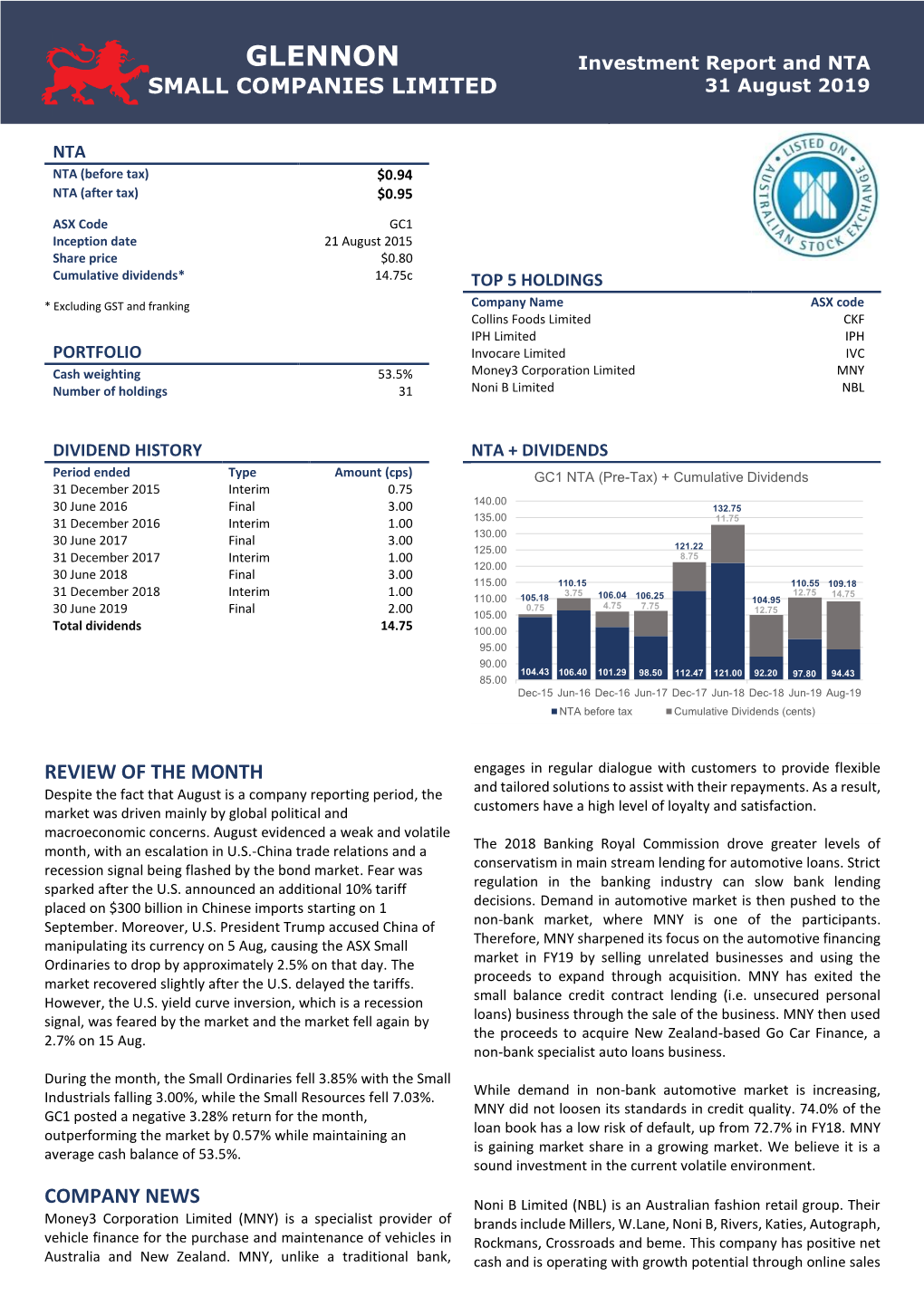 GLENNON Investment Report and NTA SMALL COMPANIES LIMITED 31 August 2019