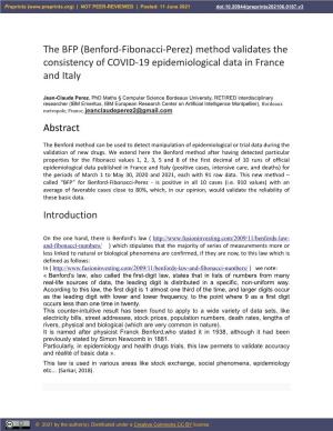 (Benford-Fibonacci-Perez) Method Validates the Consistency of COVID-19 Epidemiological Data in France and Italy