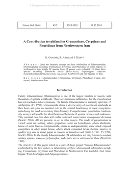 A Contribution to Subfamilies Cremastinae, Cryptinae and Phuridinae from Northwestern Iran