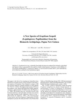 A New Species of Graphium Scopoli (Lepidoptera: Papilionidae) from the Bismarck Archipelago, Papua New Guinea