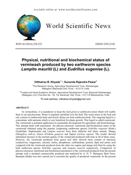 Physical, Nutritional and Biochemical Status of Vermiwash Produced by Two Earthworm Species Lampito Mauritii (L) and Eudrillus Eugeniae (L)