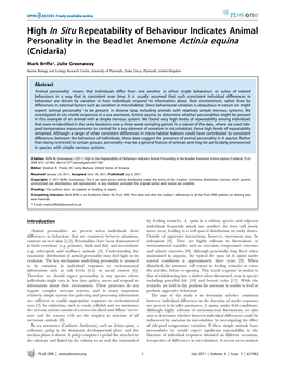 High in Situ Repeatability of Behaviour Indicates Animal Personality in the Beadlet Anemone Actinia Equina (Cnidaria)