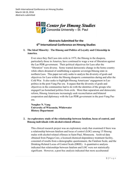 Abstracts Submitted for the 6Th International Conference on Hmong Studies 1