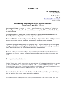 Florida House Speaker Chris Sprowls' Inaugural Address; Remarks As Prepared for Delivery