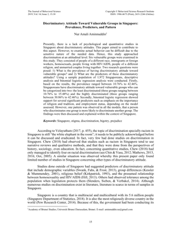 Discriminatory Attitude Toward Vulnerable Groups in Singapore: Prevalence, Predictors, and Pattern