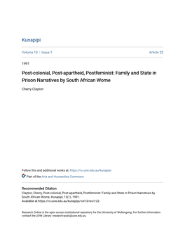 Post-Colonial, Post-Apartheid, Postfeminist: Family and State in Prison Narratives by South African Wome