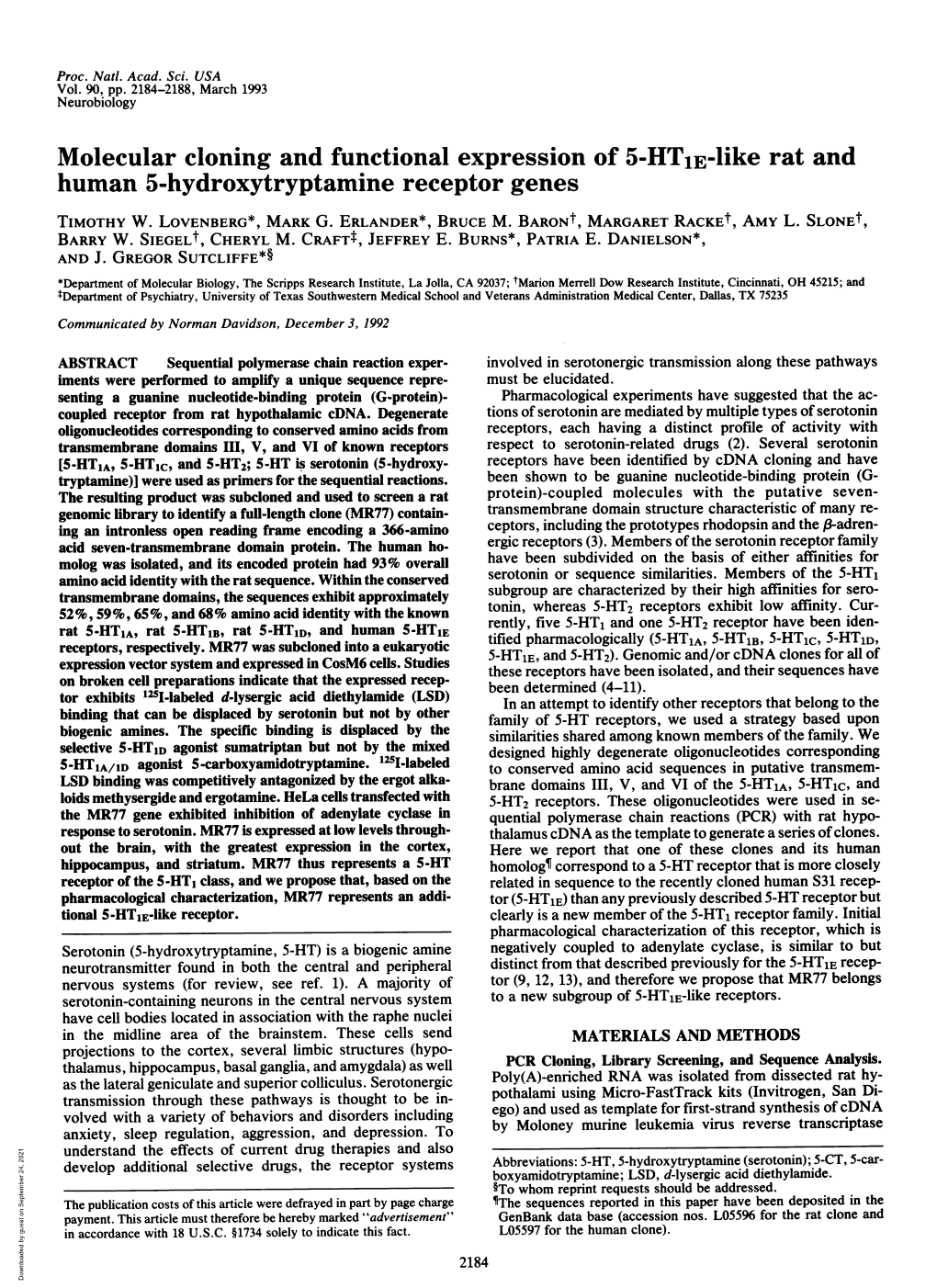 Human 5-Hydroxytryptamine Receptor Genes TIMOTHY W