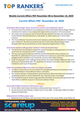 Current Affairs PDF November 08 to November 14, 2020