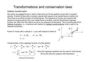 Transformations and Conservation Laws Galilean Transformation We Mainly Use Inertial Frames in Which a Free Body (No Forces Applied) Moves with a Constant Velocity