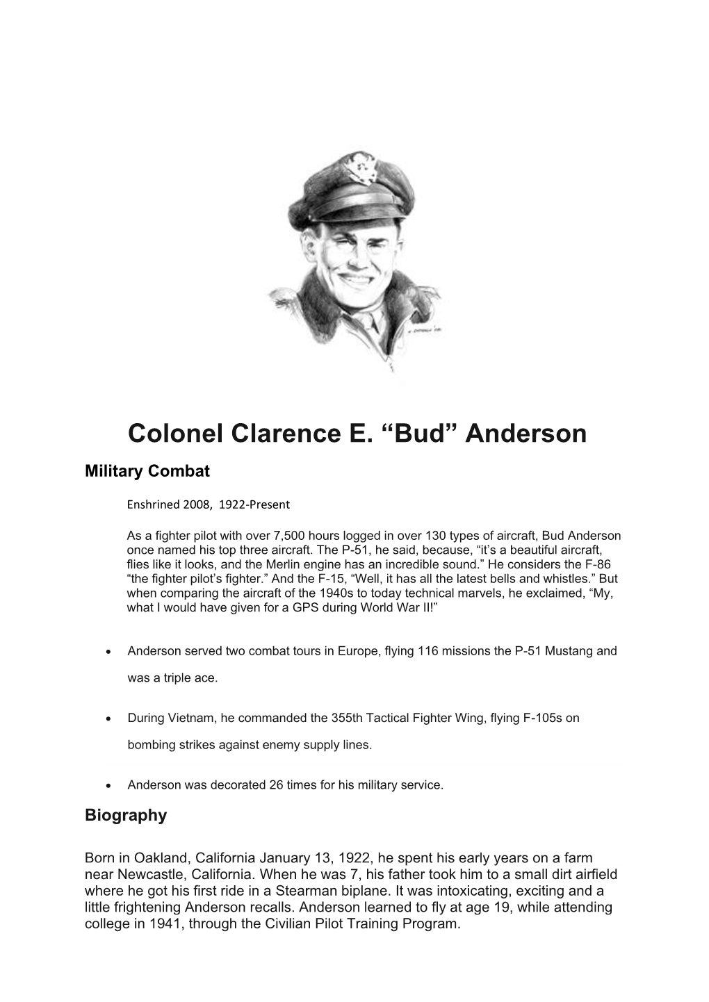 Colonel Clarence E. “Bud” Anderson Military Combat