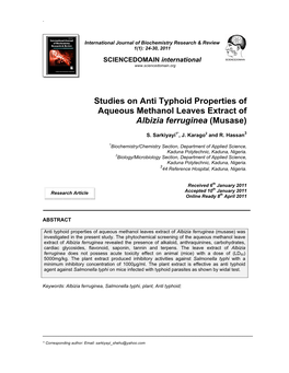 Studies on Anti Typhoid Properties of Aqueous Methanol Leaves Extract of Albizia Ferruginea (Musase)