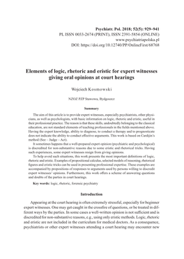 Elements of Logic, Rhetoric and Eristic for Expert Witnesses Giving Oral Opinions at Court Hearings