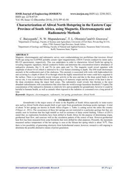 Characterization of Aliwal North Hotspring in the Eastern Cape Province of South Africa, Using Magnetic, Electromagnetic and Radiometric Methods