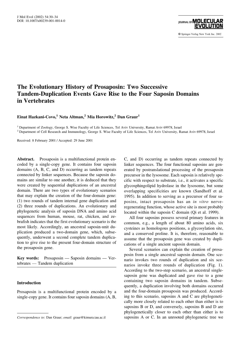 The Evolutionary History of Prosaposin: Two Successive Tandem-Duplication Events Gave Rise to the Four Saposin Domains in Vertebrates