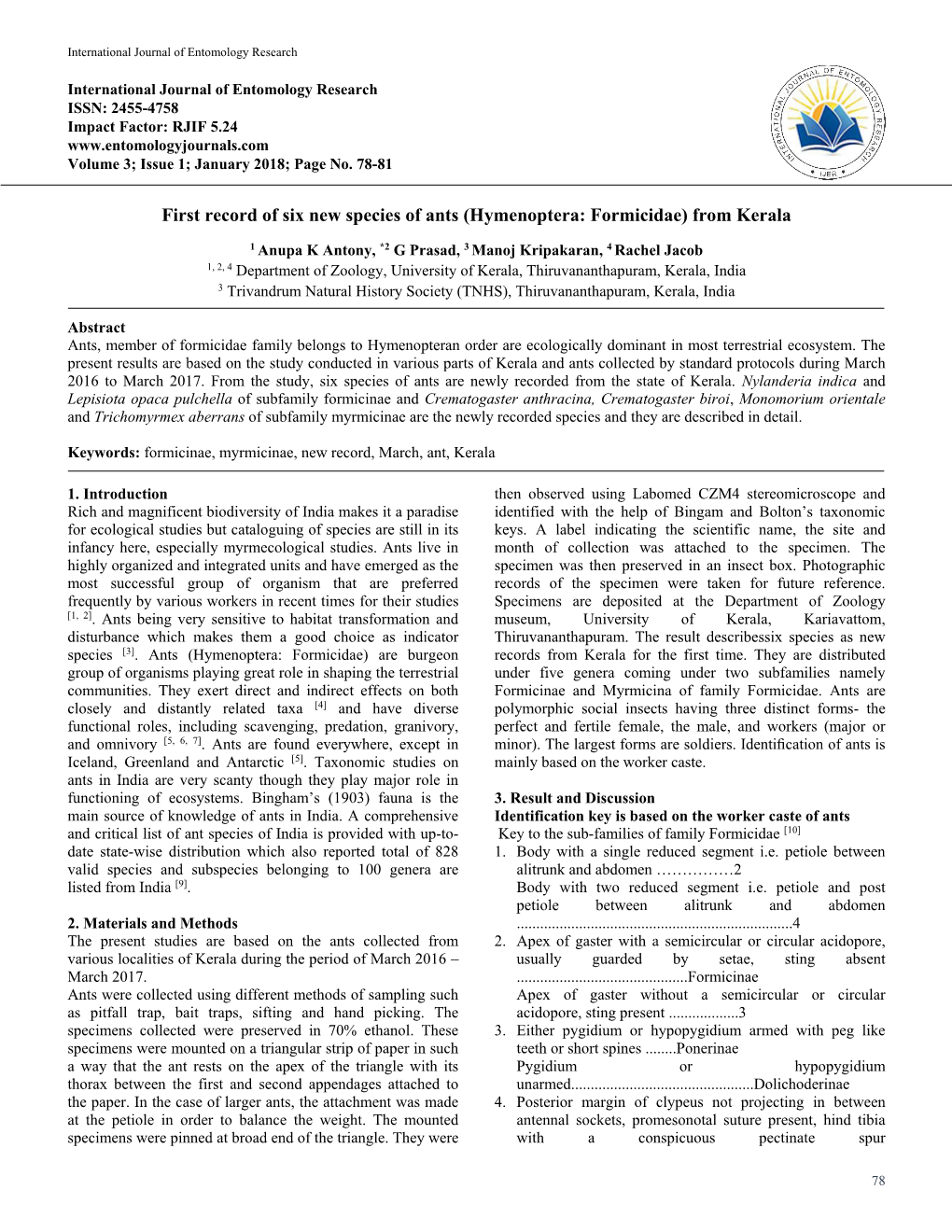 (Hymenoptera: Formicidae) from Kerala