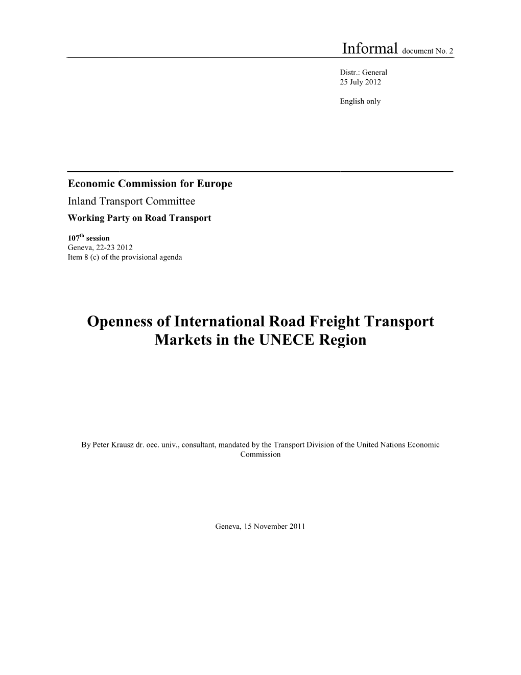 Openness of International Road Freight Transport Markets in the UNECE Region