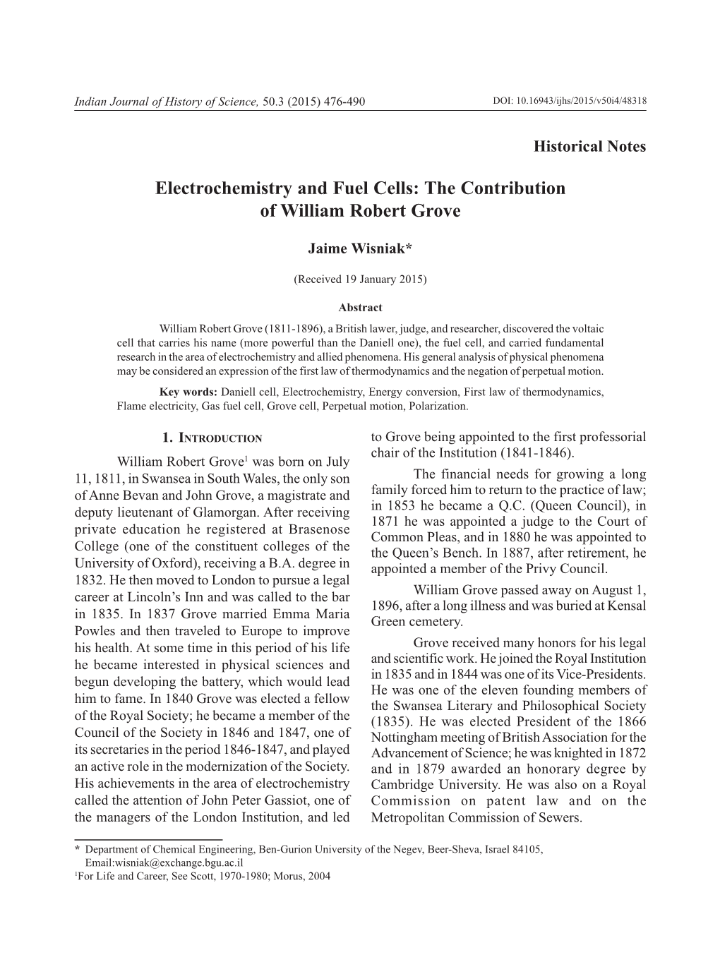 Electrochemistry and Fuel Cells: the Contribution of William Robert Grove