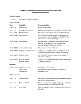 2019 Rocky Mountain Anthropological Conference, Logan, Utah Schedule of Presentations