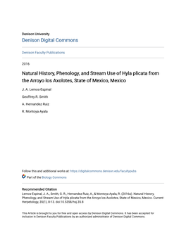 Natural History, Phenology, and Stream Use of Hyla Plicata from the Arroyo Los Axolotes, State of Mexico, Mexico