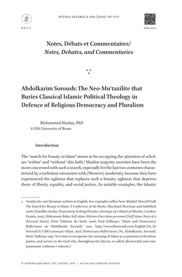 Abdolkarim Soroush: the Neo-Muʿtazilite That Buries Classical Islamic Political Theology in Defence of Religious Democracy and Pluralism