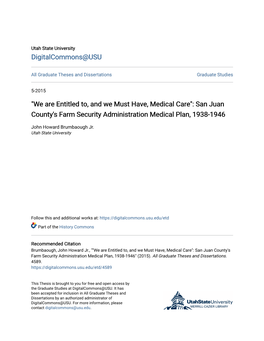 "We Are Entitled To, and We Must Have, Medical Care": San Juan County's Farm Security Administration Medical Plan, 1938-1946